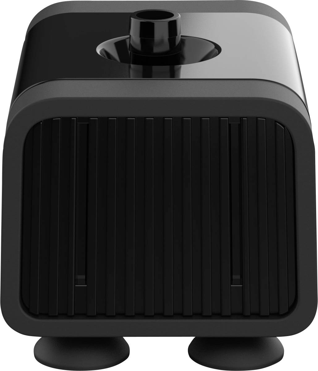 Schwarzer rechteckiger Lautsprecher oder Subwoofer mit geripptem Frontgitter und zwei runden Füßen, gezeigt vor einem einfachen weißen Hintergrund.