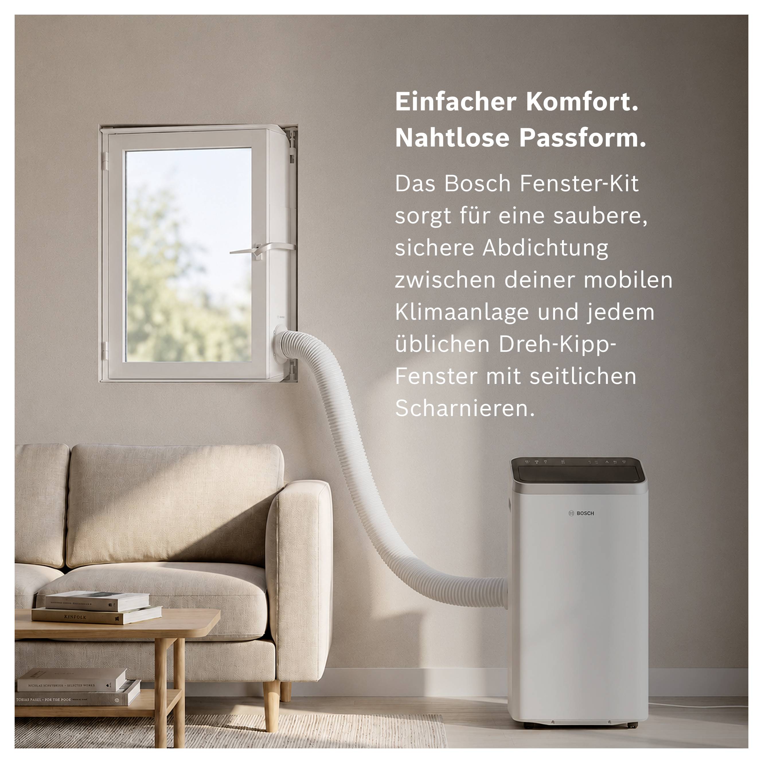 Mobilklimagerät mit Schlauch am Fenster; Text wirbt für das Bosch Fenster-Kit: saubere, sichere Abdichtung für Dreh-Kipp-Fenster.