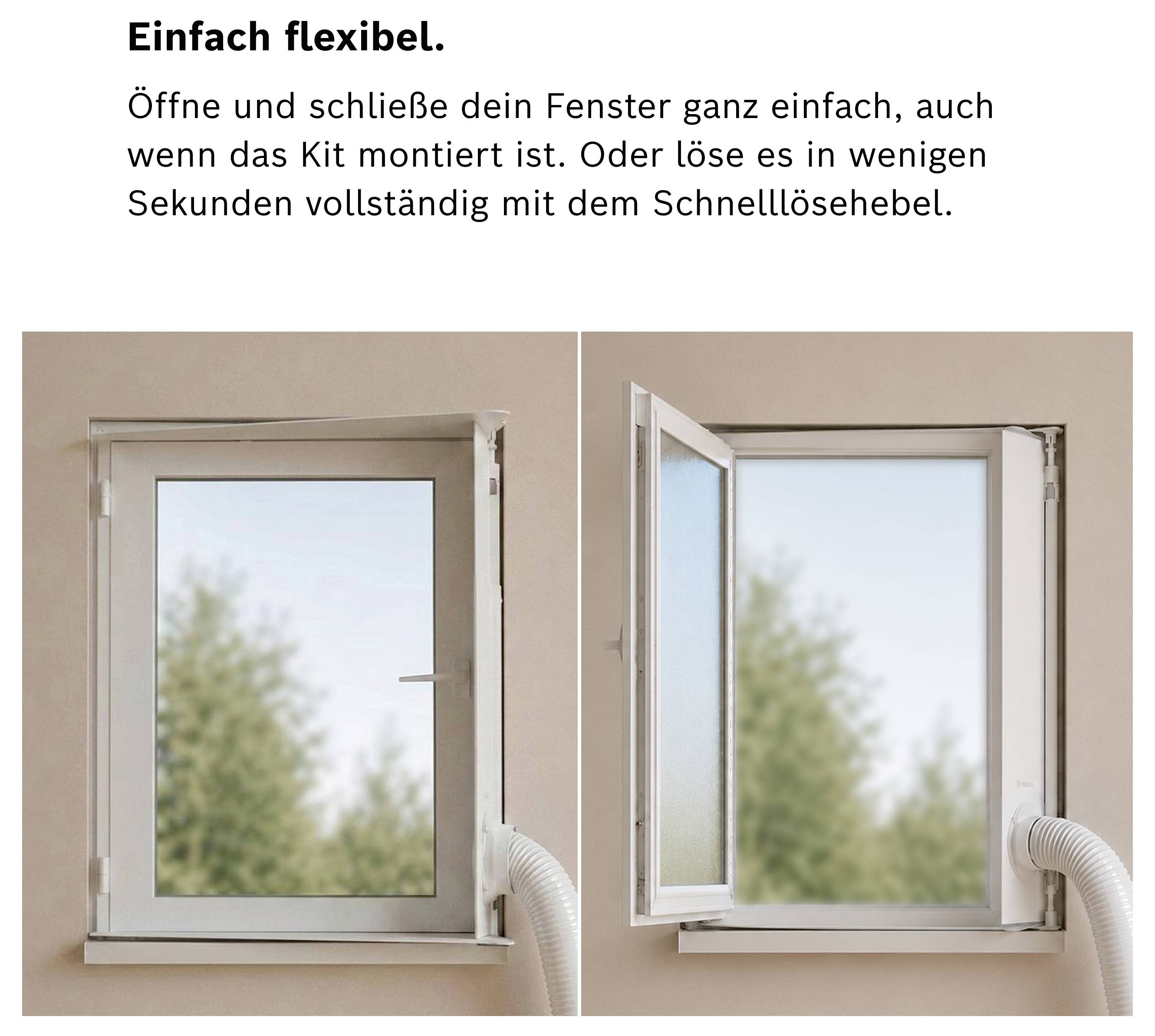 Vergleich zweier Fenster mit Insektenschutz: links geschlossen, rechts geöffnet; Text erklärt, dass das Fenster trotz montiertem Kit leicht zu bedienen und per Schnelllösehebel lösbar ist.