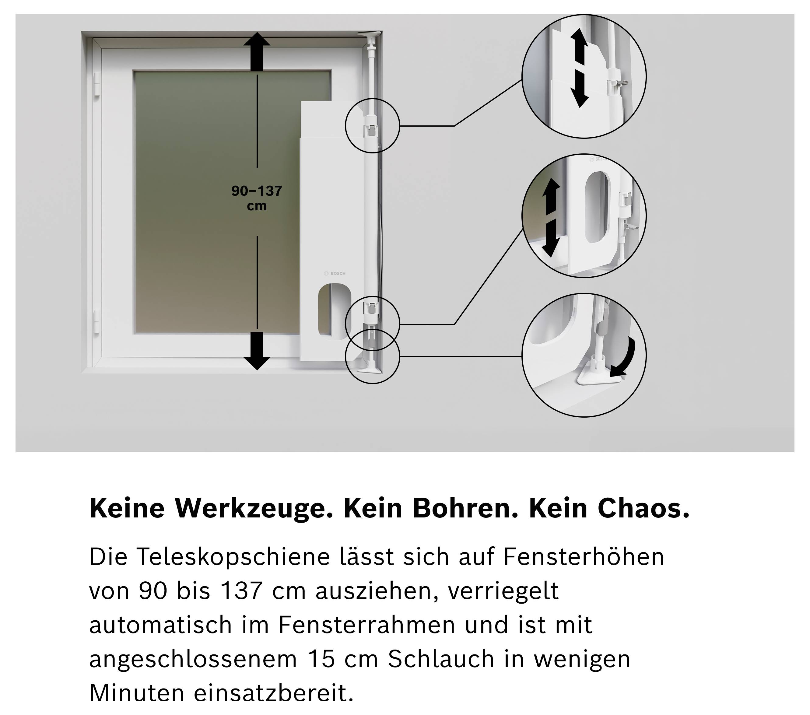 Werbegrafik einer Teleskopstange am Fenster: höhenverstellbar von 90–137 cm, werkzeuglos und mit 15 cm Schlauch schnell montierbar; Slogan: 'Keine Werkzeuge. Kein Bohren. Kein Chaos.'