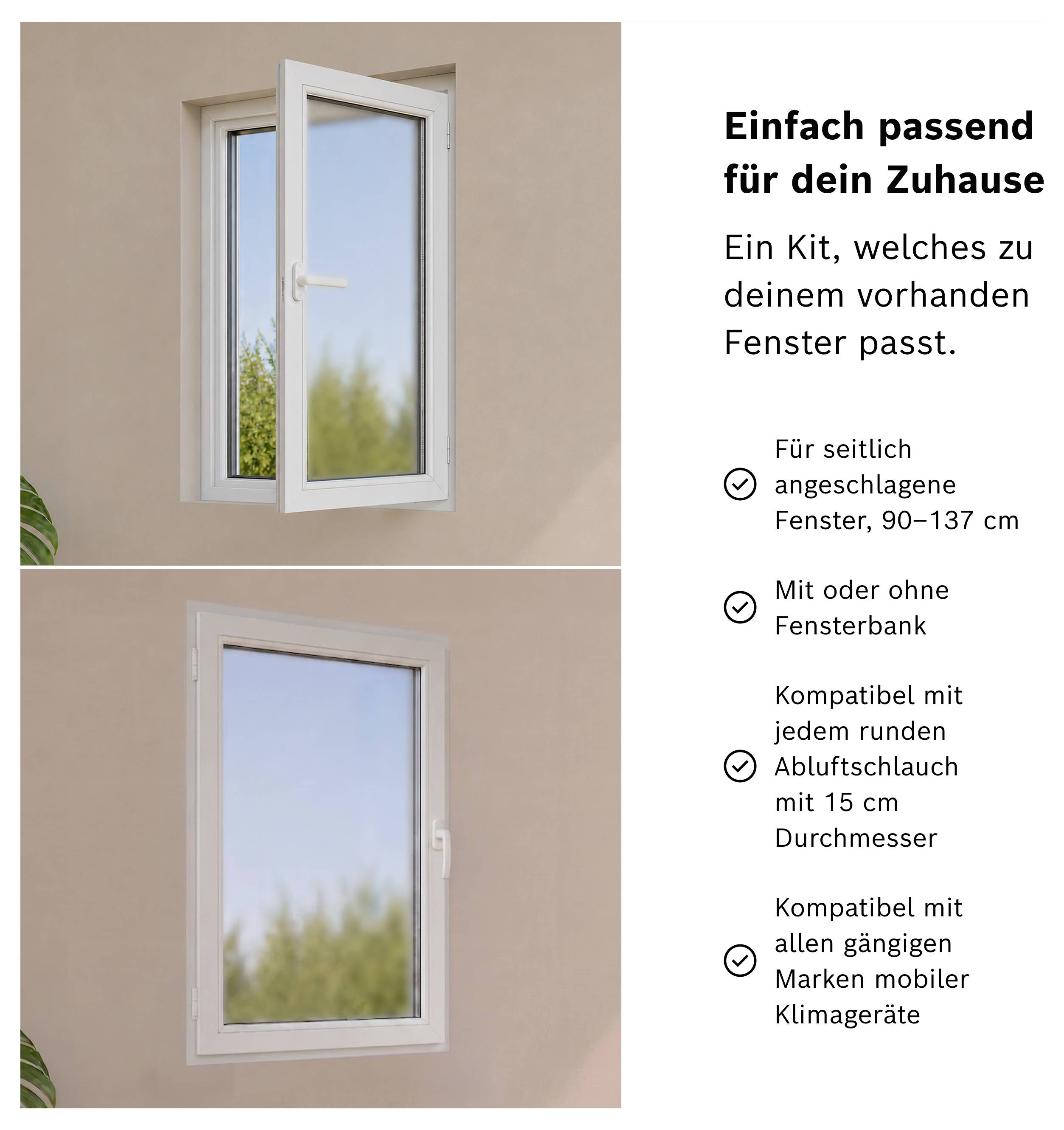 Werbegrafik für ein Fenster-Kit: zwei Fensteransichten links, rechts Text „Einfach passend für dein Zuhause“ mit Kompatibilitätsmerkmalen für seitlich angeschlagene Fenster, Fensterbank und Klimageräte.