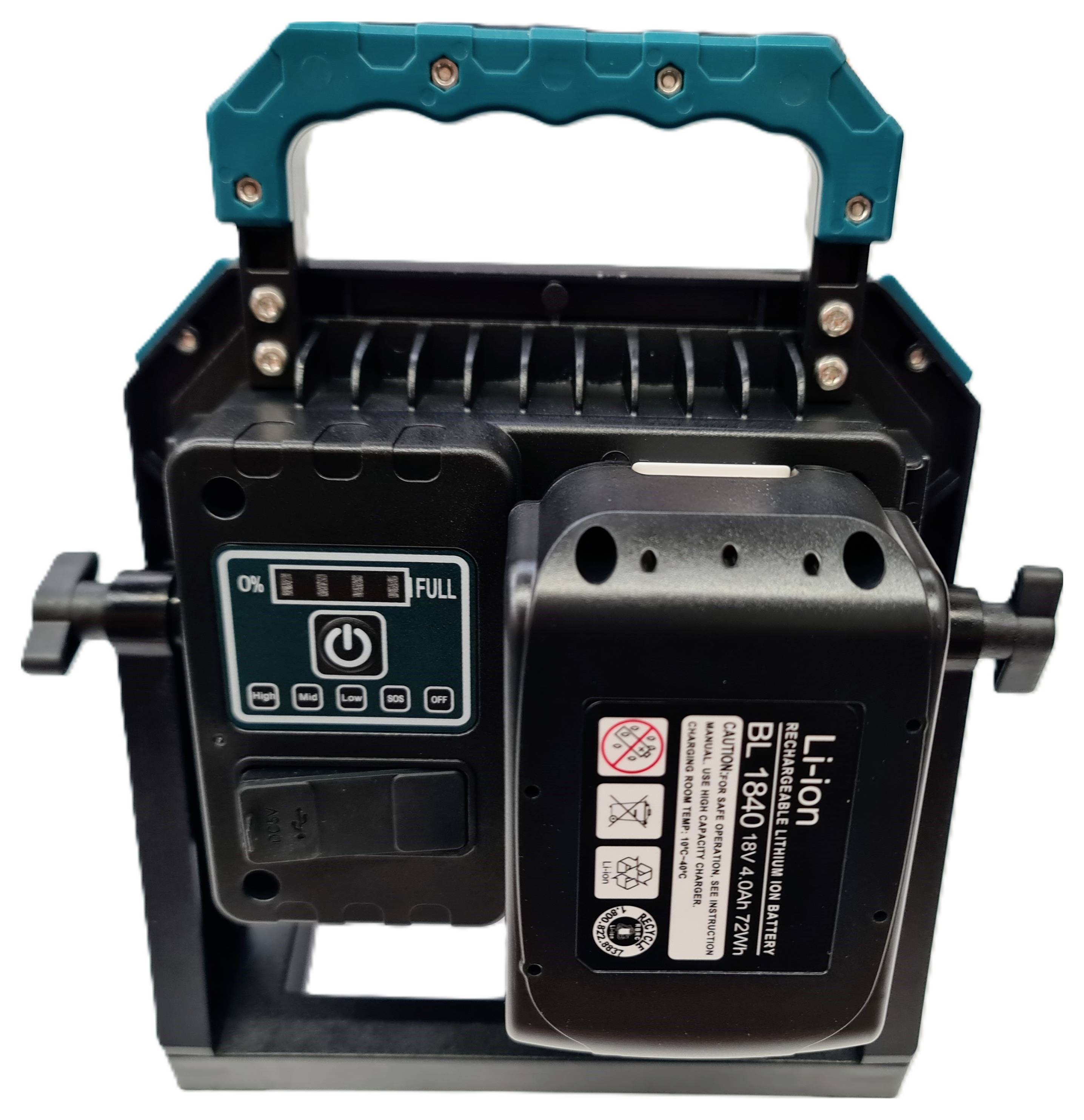 Tragbares Lithium-Ionen-Akkupack mit Griff und zwei Batteriemodule, wobei auf der Vorderseite ein Ladeanzeige und Netzschalter sichtbar sind.