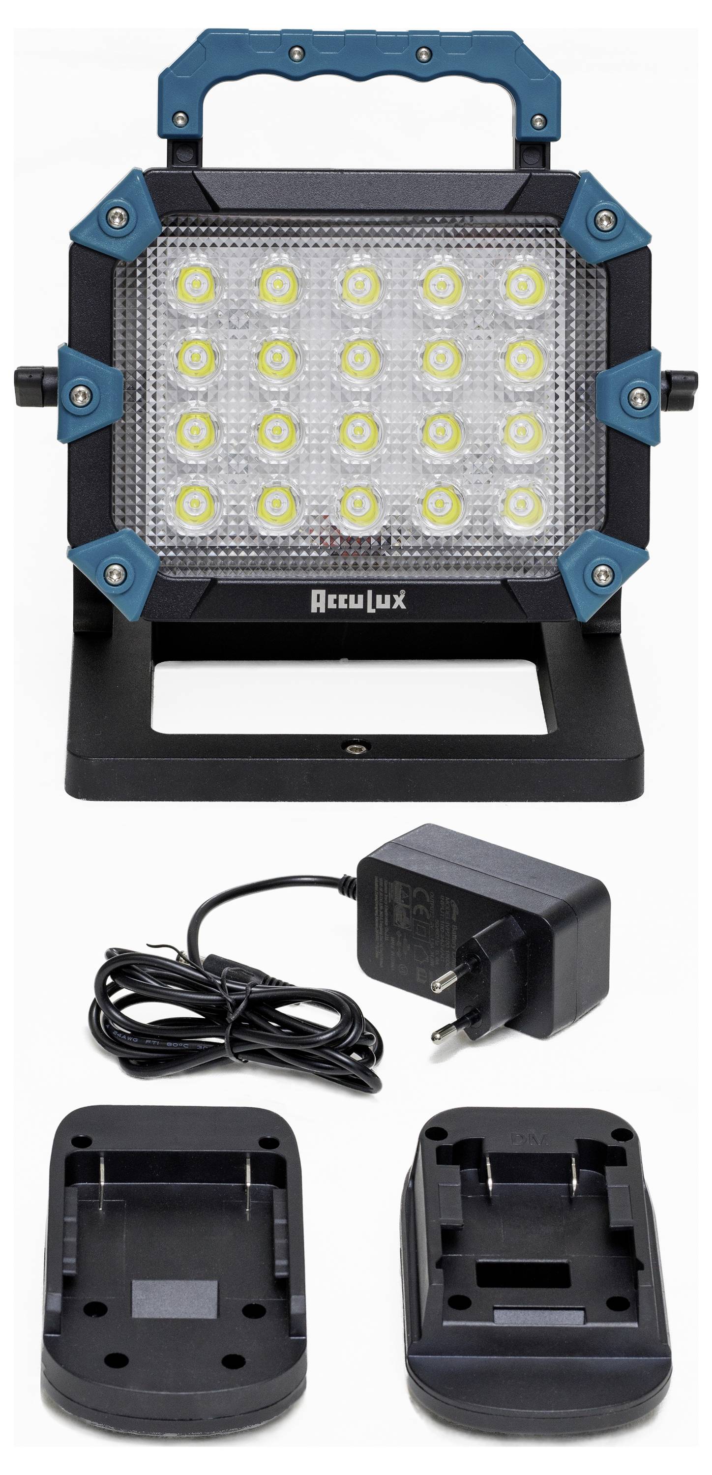Tragbares LED-Arbeitslicht-Set mit verstellbarem Ständer, Netzteil und zwei Batterieplattenhalterungen, dargestellt als Produktkomponenten.