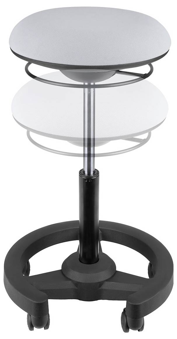 Schwarzer höhenverstellbarer Rollhocker mit rundem Sitz, zentraler Säule, kreisförmiger Fußstütze und Lenkrollen