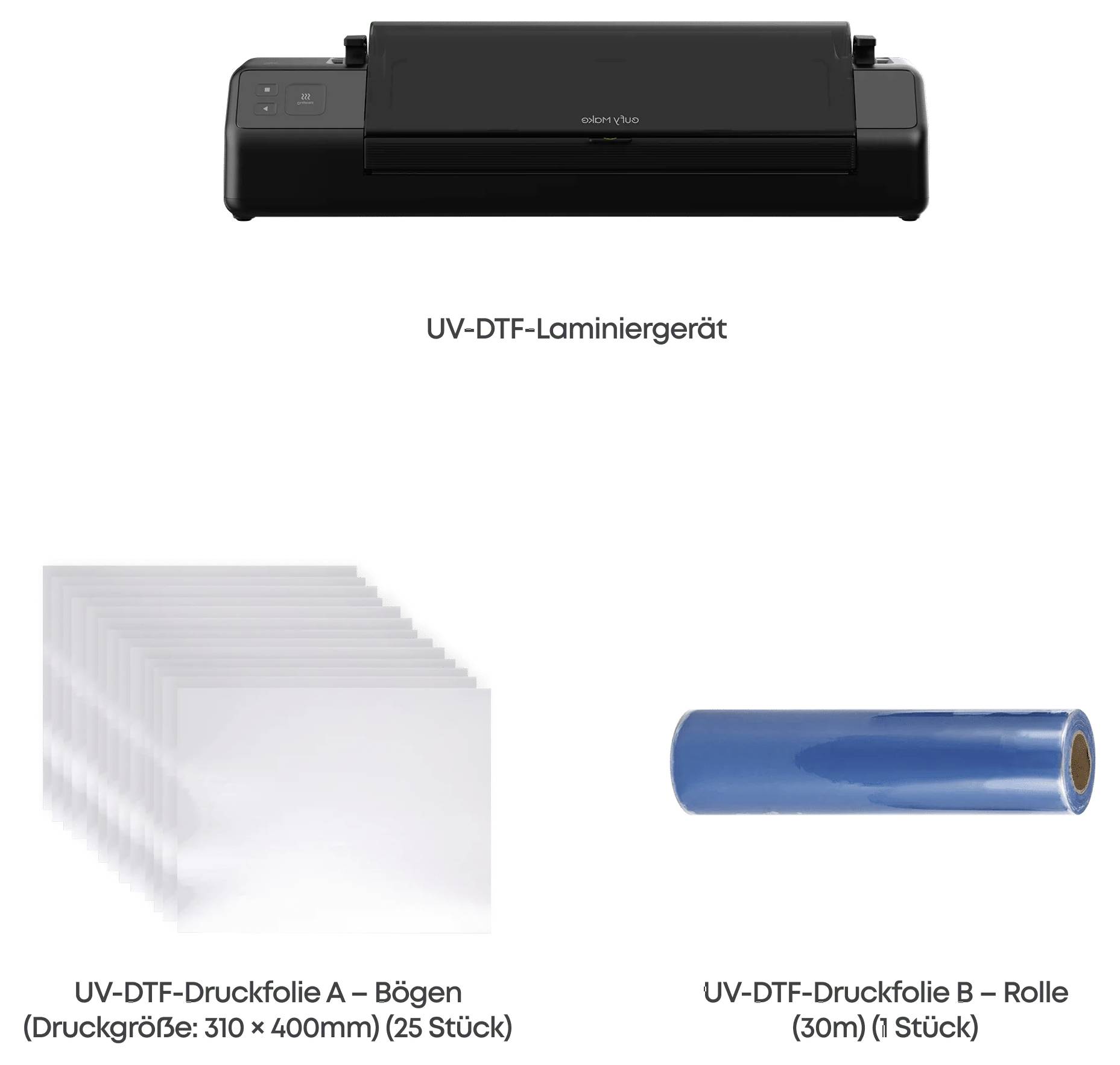 UV-DTF-Laminiermaschine oben gezeigt mit zwei Materialzuführungen: ein Stapel UV-DTF-Druckfolie A Blätter und eine Rolle UV-DTF-Druckfolie B, gekennzeichnet mit Größen und Mengen.