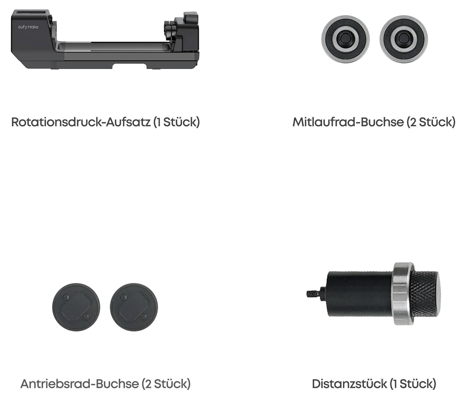Produktbild von vier Zubehörteilen mit deutschen Bezeichnungen: Rotationsdruck-Aufsatz, Mitlaufrad-Buchse, Antriebsrad-Buchse und Distanzstück, jeweils mit Mengenangabe.