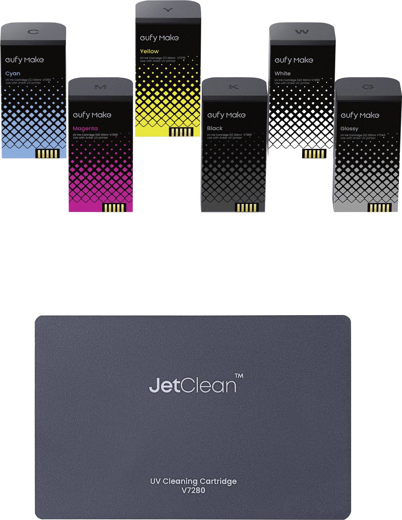 Sechs Oufy Make UV-Reinigungspatronen in Cyan, Magenta, Gelb, Schwarz, Weiß und Glanz über einer JetClean UV-Reinigungspatrone V7280 Schachtel.