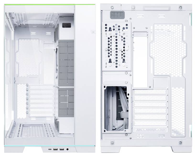 Weißes PC-Gehäuse mit Frontansicht und Rückansicht, das das interne Layout, Erweiterungssteckplätze, Kabelführung und Belüftungspaneele hervorhebt.