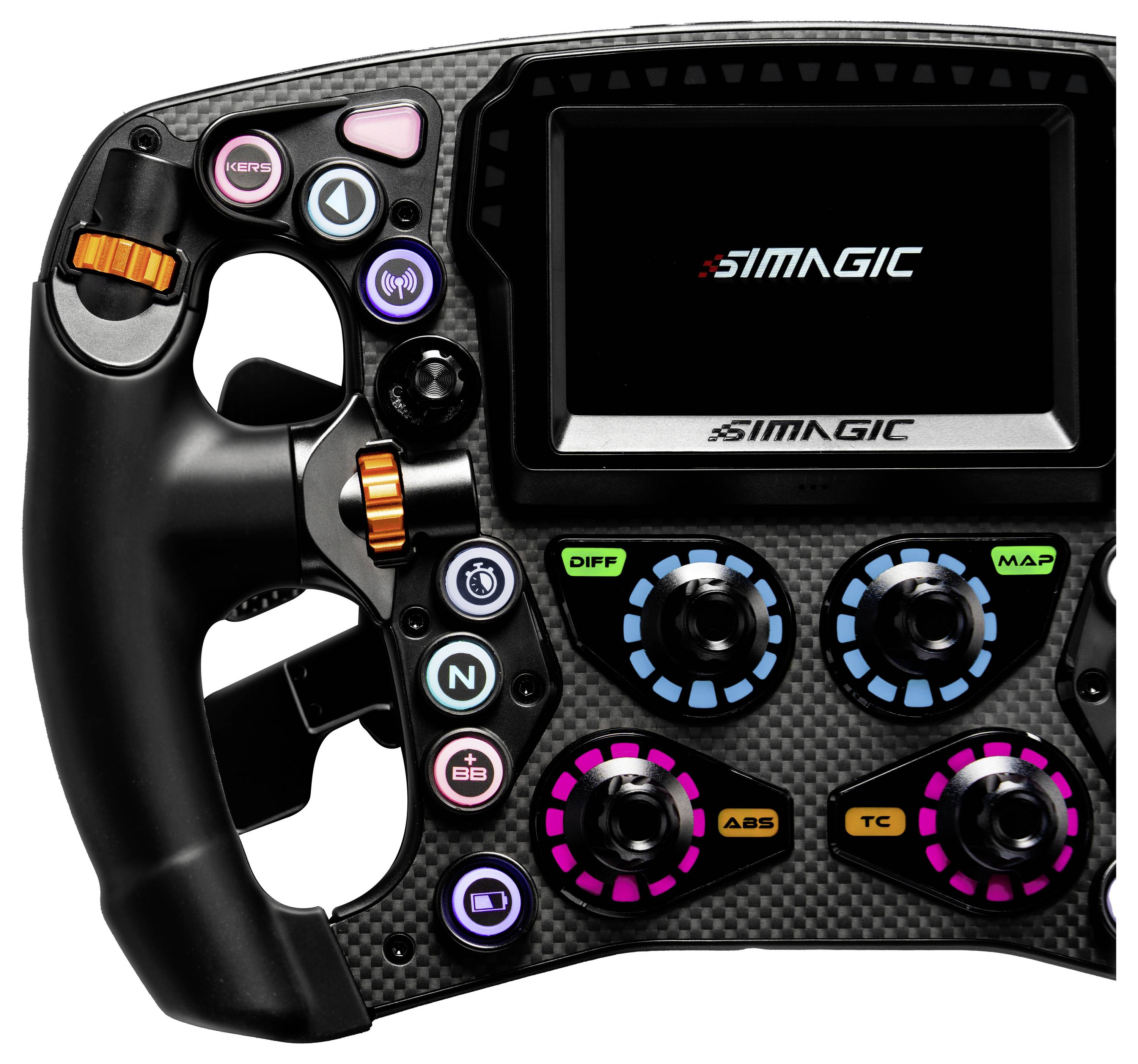 SIMAGIC Rennlenkrad-Controller mit Display, Schaltpaddel und beschrifteten Einstellreglern für Differenzial-, Map-, ABS- und TC-Einstellungen.