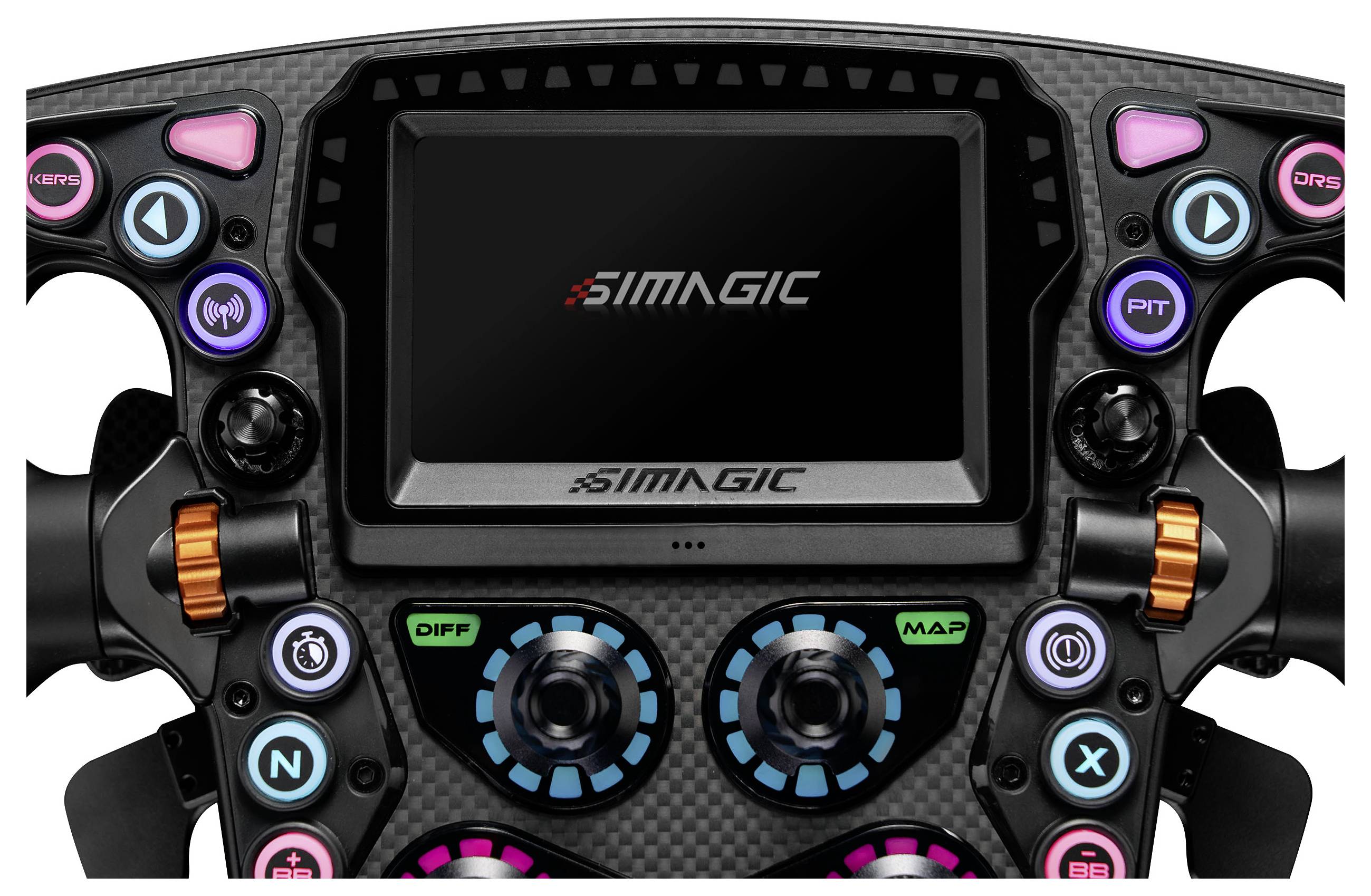 SIMAGIC-Rennrad-Regler in Nahaufnahme mit zentralem Display, zwei Drehreglern und beleuchteten Tasten für Fahrsteuerfunktionen.