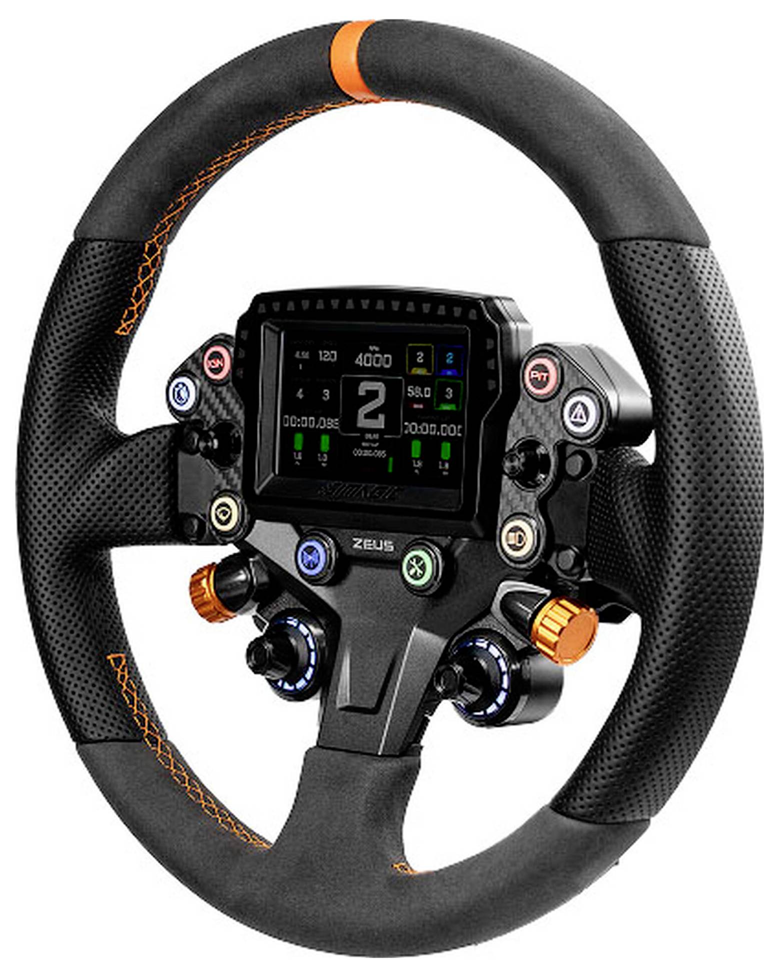 Ein Rennlenkrad mit digitalem Dashboard-Display und mehreren farbigen Steuertasten und Drehreglern, entwickelt für einen Simulator oder Rennwagen.