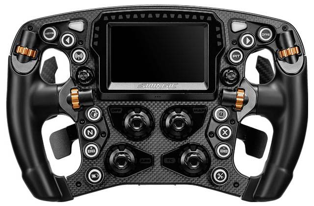 Schwarzes Sim-Racing-Lenkrad mit zentralem Display, vielen Daumentasten, Drehreglern und orangefarbenen Schaltwippen auf beiden Seiten.