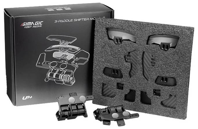 Simagic Alpha Rennfahr 3-Paddle-Schaltknüppel-Montageset mit schwarzer Verpackung, Schaumstoffeinsatz und ausgebreiteten Montageteilen.