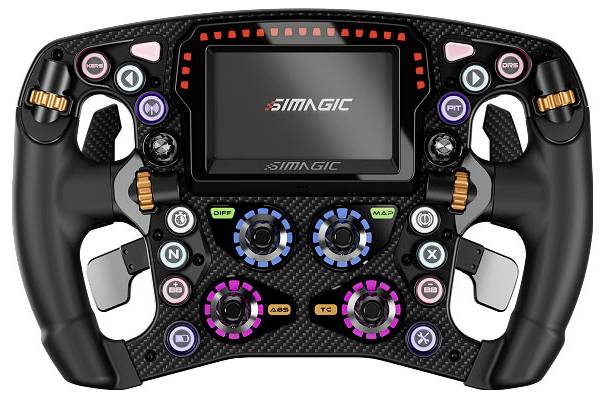 SIMAGIC Rennlenkrad-Controller mit zentralem Display, mehreren farbigen Tasten, Drehreglern und Schaltwippen
