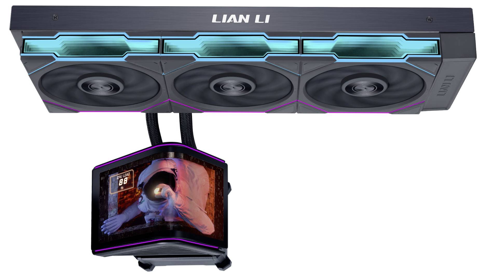 Lian Li Triple-Lüfter-Flüssigkeitskühler für CPU mit beleuchtetem Pumpenblock und RGB-Beleuchtung, montiert mit Radiator oben und kleinem Display-Panel unten.