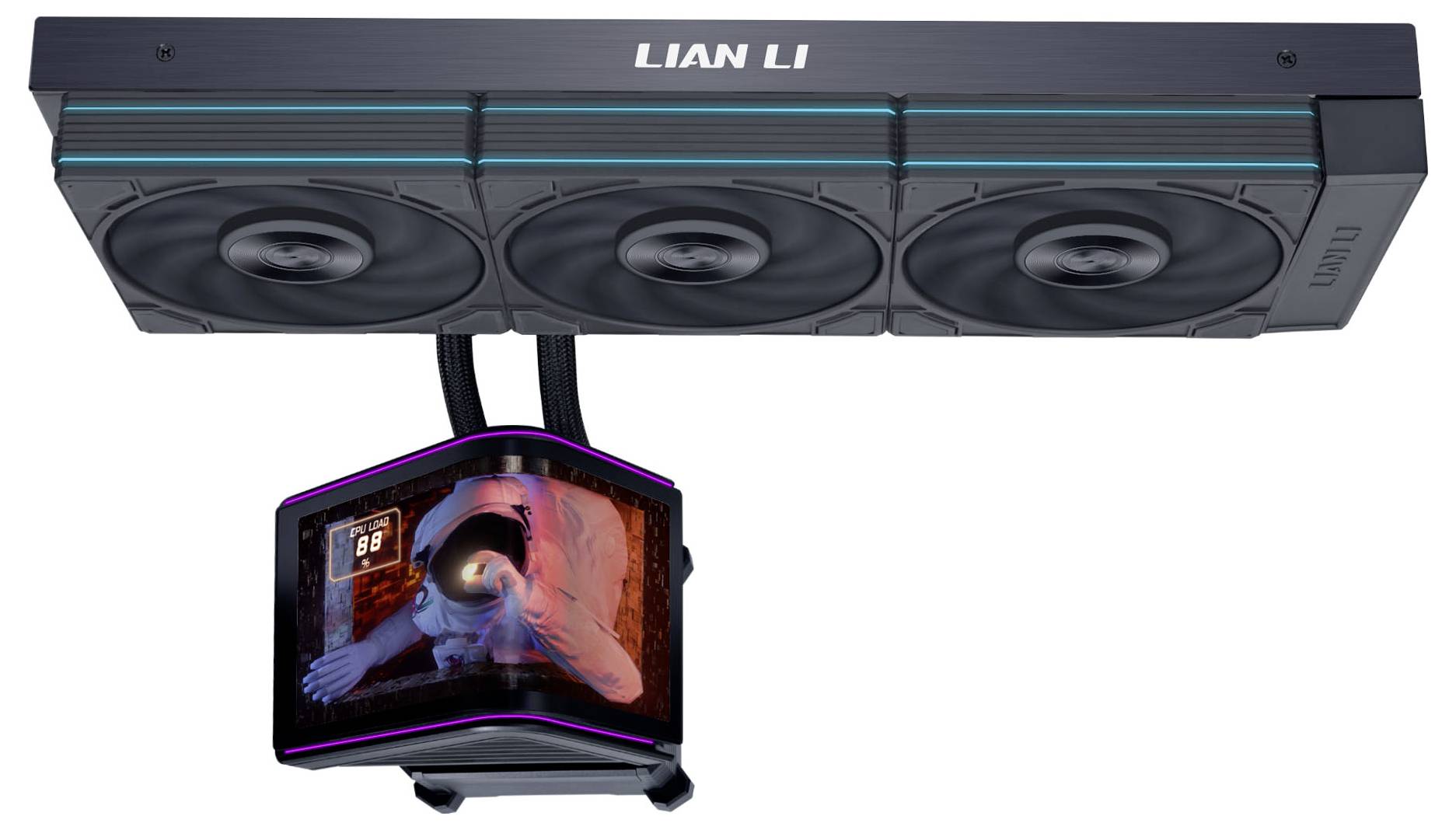 LIAN LI Flüssig-CPU-Kühler mit drei Lüftern, beleuchtetem Pumpenblock-Display und geflochtenen Schläuchen