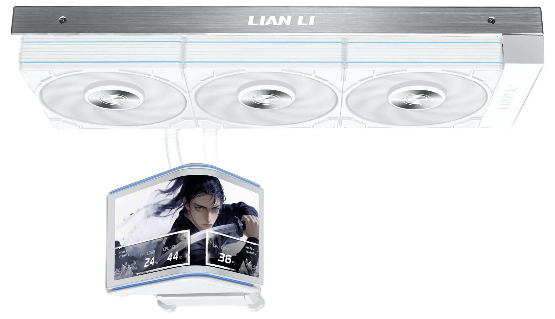 Lian Li Flüssig-CPU-Kühler mit drei Lüftern und frontalem LCD-Display mit einer Anime-Charakter-Darstellung und digitalen Anzeigen.