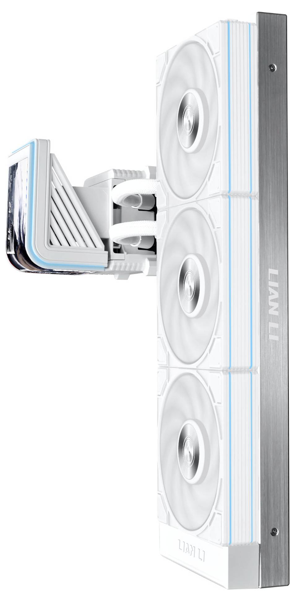 Explodierte Ansicht eines weißen Flüssigkühlers mit Doppellüftern, Radiator und Pumpe, die durch Schläuche verbunden sind, von der Seite gezeigt.