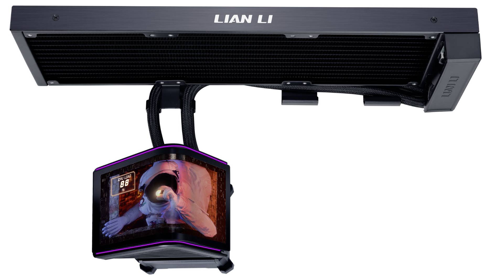 LIAN LI Flüssig-CPU-Kühler mit großem Radiator und Lüfter, mit quadratischem RGB-beleuchtetem Pumpen-Display mit Astronauten-Bild