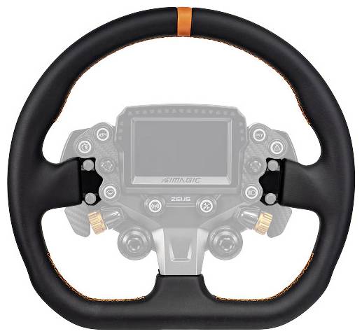 Ein Rennlenkrad mit integriertem digitalen Display und mehreren Steuertasten, zentriert auf weißem Hintergrund dargestellt.