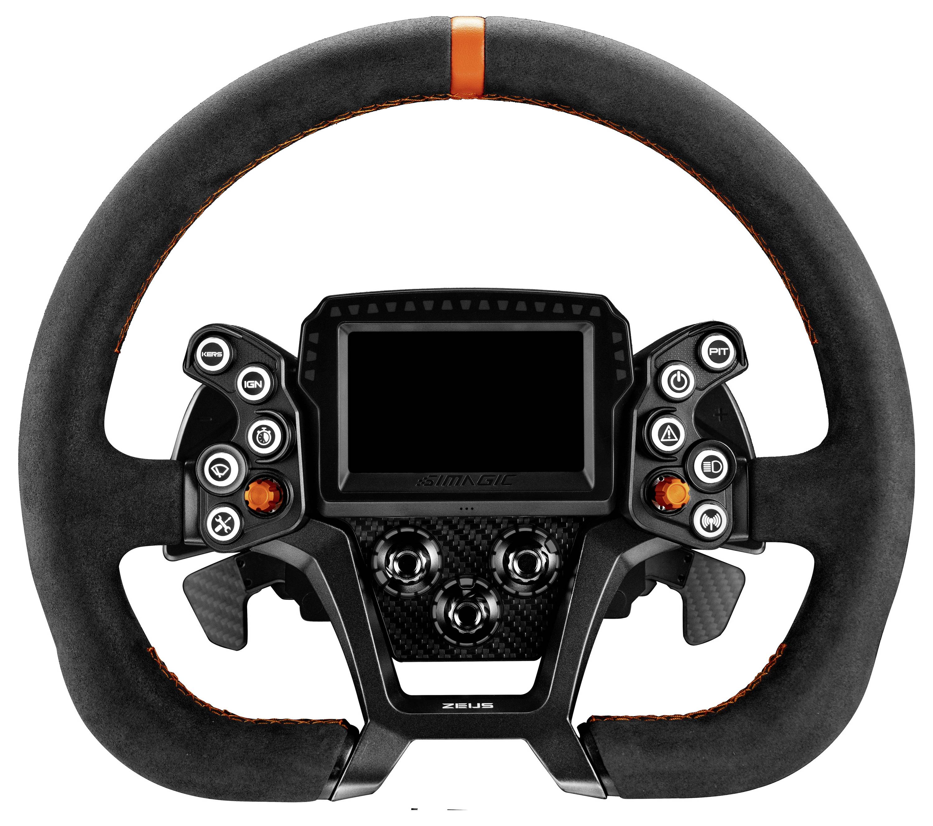 Vorderansicht eines Rennstil-Lenkrads mit integriertem Display und Steuertasten, schwarz mit orangefarbenen Akzenten.