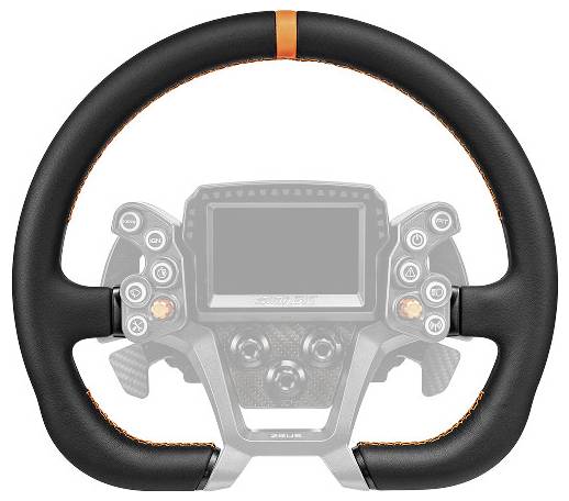 Leicht verblasstes Bild eines Racing-Lenkradcontrollers mit zentralem Display, dualen Griffsteuerelementen und orangefarbener Akzentuierung oben.