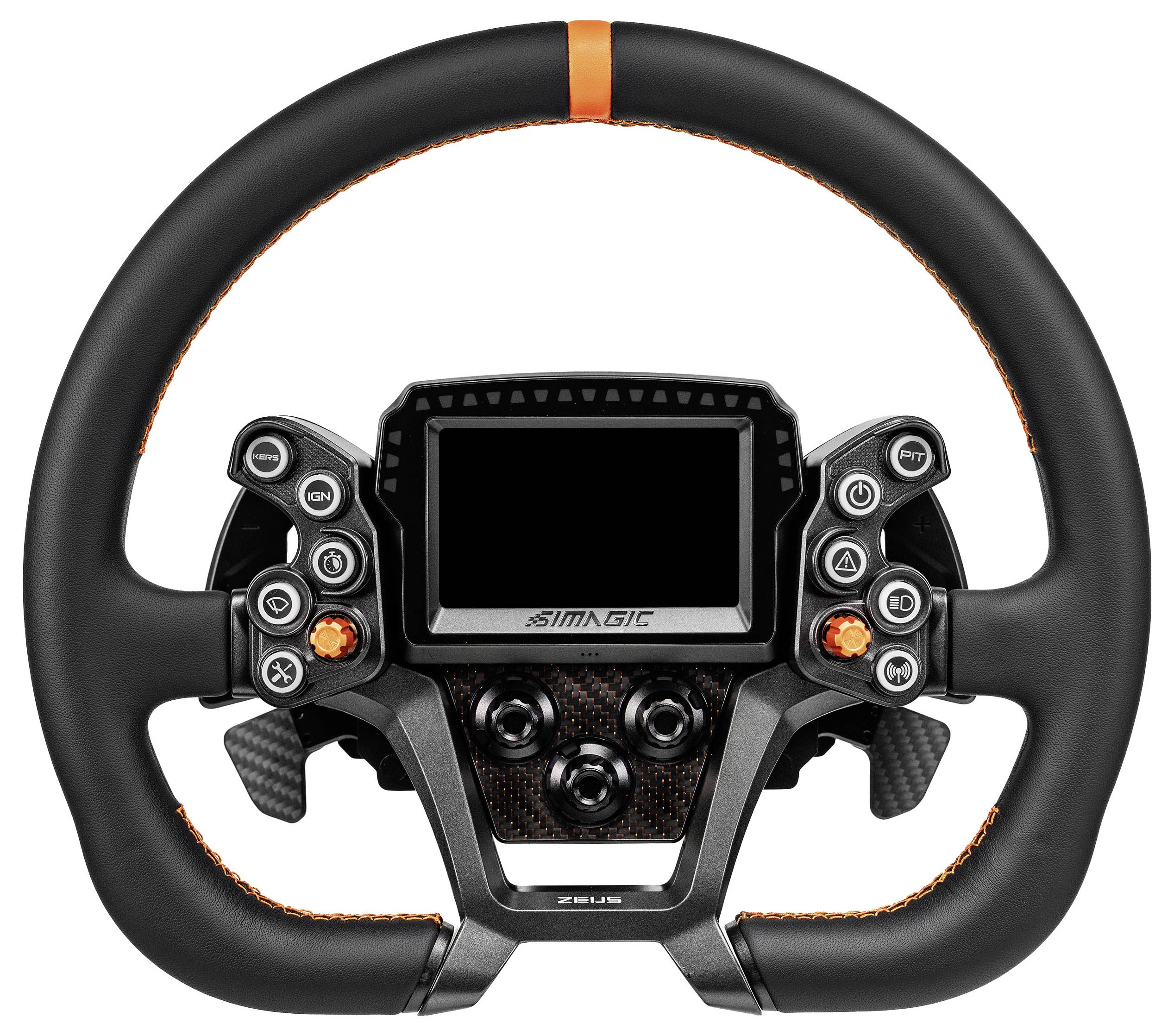 Schwarzer Gaming-Lenkrad-Controller für Rennspiele mit zentralem Display und mehreren Tasten an beiden Griffen, Vorderansicht auf weißem Hintergrund
