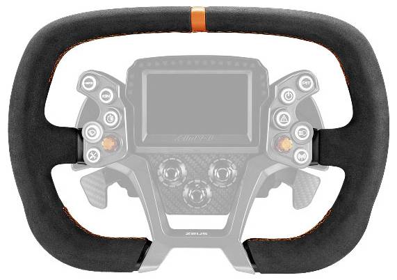 Schwarzes Rennstil-Lenkrad mit orangem Mittelbügel und integriertem digitalen Display, Steuertasten und Schaltwippen.