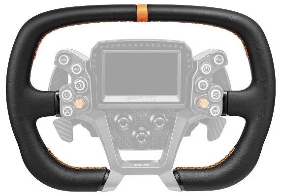 Schwarzes Rennlenkrad mit integriertem digitalen Display und Steuertasten für einen Simulator oder Game-Controller.