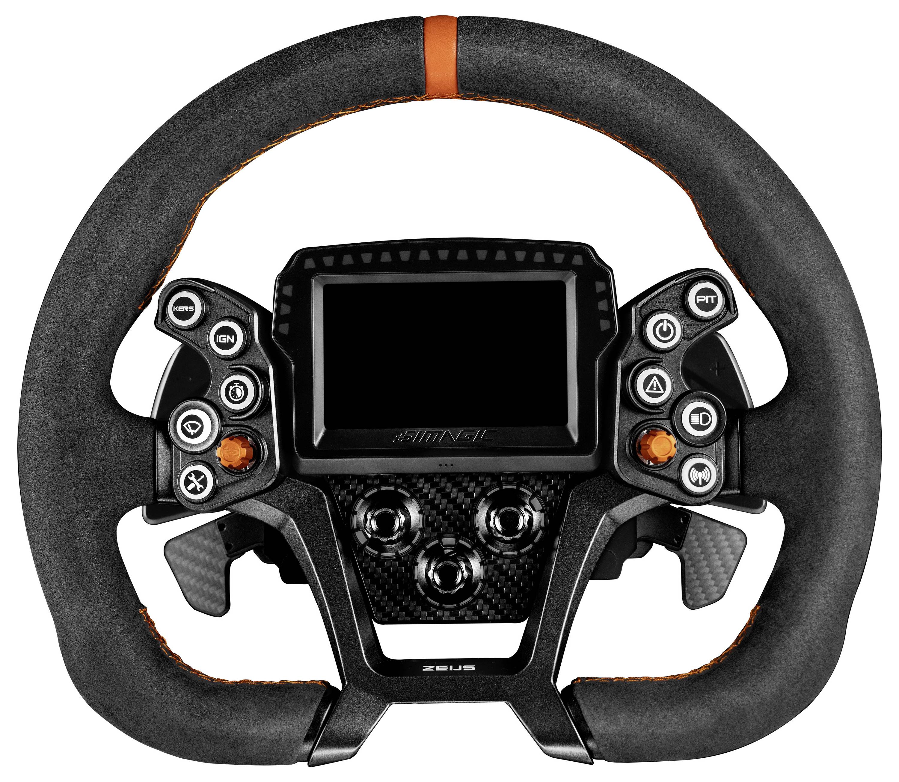 Schwarzer Rennstil-Lenkradregler mit integriertem Display, Tasten und orangefarbenen Akzenten auf weißem Hintergrund.