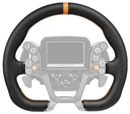 Schwarzes Lenkrad-Controller mit orangefarbigem Mittelstreifen, dargestellt über einer verblichenen digitalen Armaturenbrettanzeige und Tasten.
