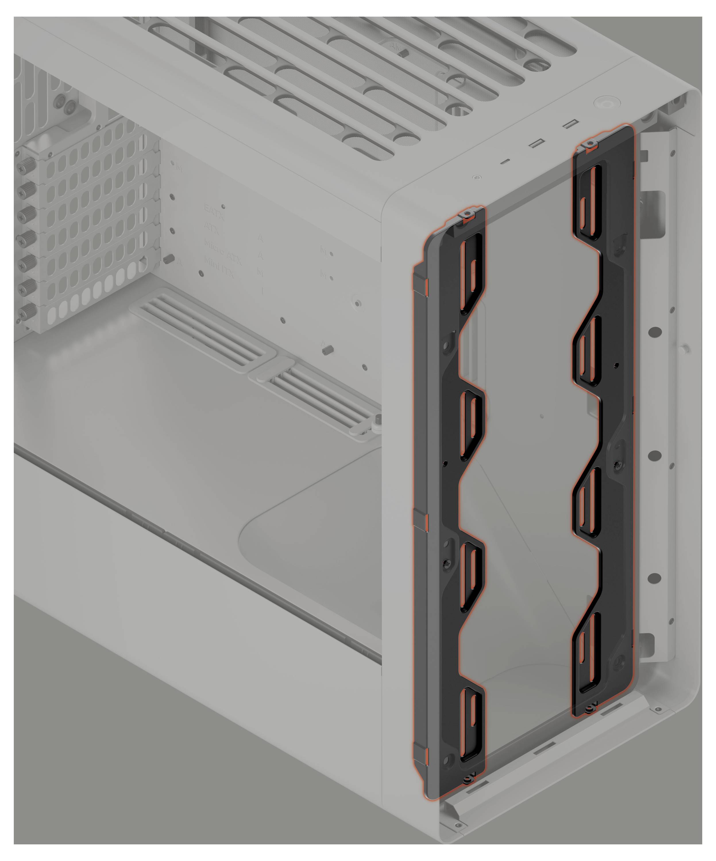 Nahaufnahme einer Computergehäuse-Frontrahmen mit zwei hervorgehobenen vertikalen Montage-schienen oder Halterungen im Gehäuse.