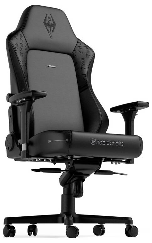 Schwarzer ergonomischer Gaming-Stuhl mit hoher Rückenlehne, verstellbaren Armlehnen, neigbarer Basis und fünfrädrigem Rollensockel, Marke NobleChairs.