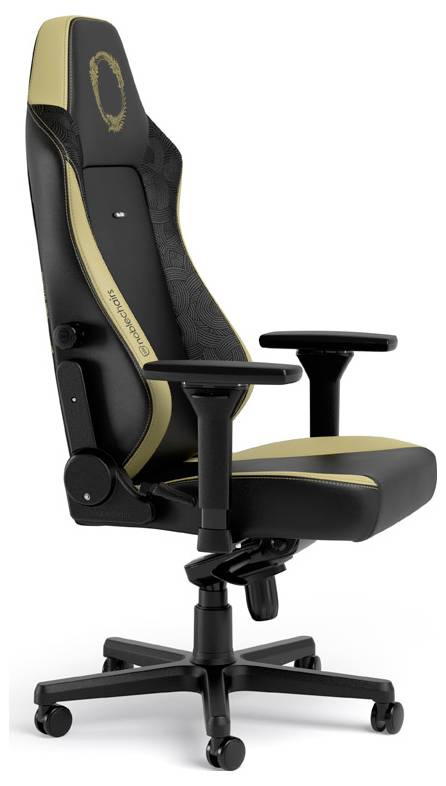Schwarzer und goldener ergonomischer Büro-Gaming-Stuhl mit hoher Rückenlehne, verstellbaren Armlehnen und Rollensockel auf weißem Hintergrund