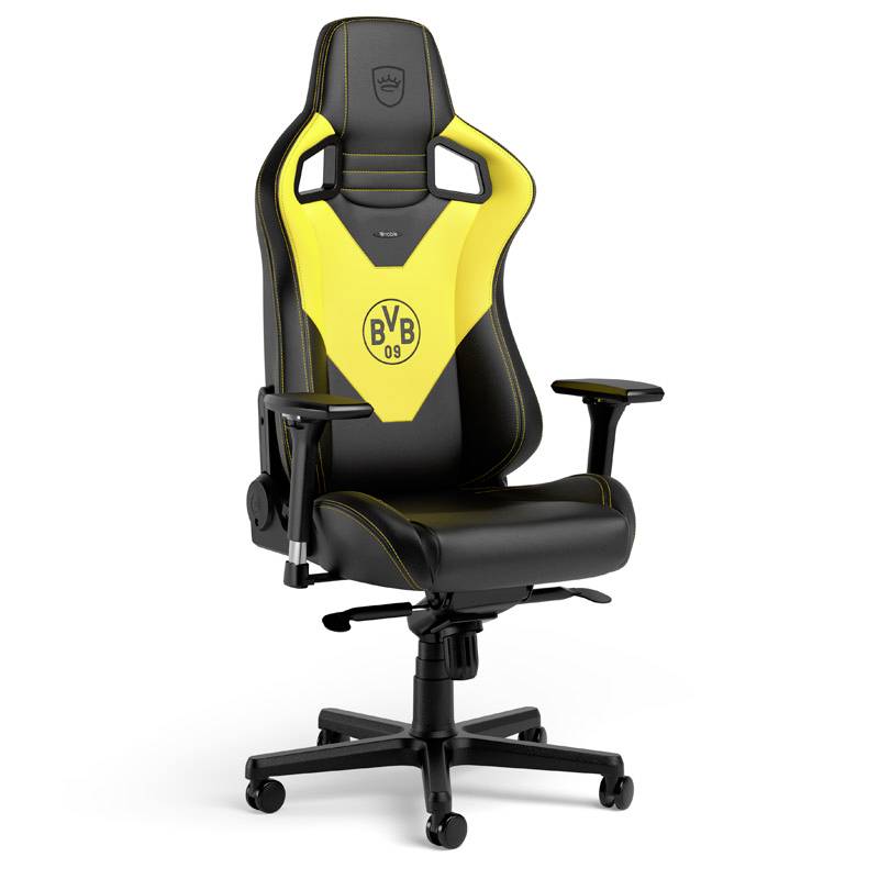Schwarzer und gelber Gaming-Stuhl mit Borussia-Dortmund-BVB-09-Logo auf der Rückenlehne, dargestellt auf weißem Hintergrund.