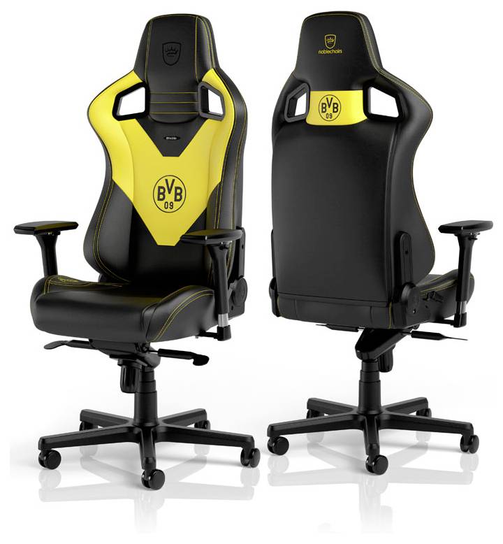 Schwarz-gelber Gaming-Stuhl von Borussia Dortmund von vorne und hinten gezeigt, mit BVB 09-Logo, verstellbaren Armlehnen und Rollensockel.