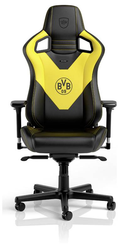 Schwarz-gelber Gaming-Stuhl von Borussia Dortmund mit BVB 09-Logo, hohe Rückenlehne, Armlehnen und Rollenfuß auf weißem Hintergrund