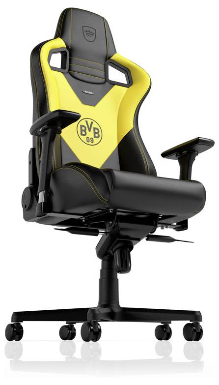 Gelber und schwarzer BVB 09 Gaming-Stuhl auf einer Rollenschwenkbasis, vor weißem Hintergrund gezeigt.