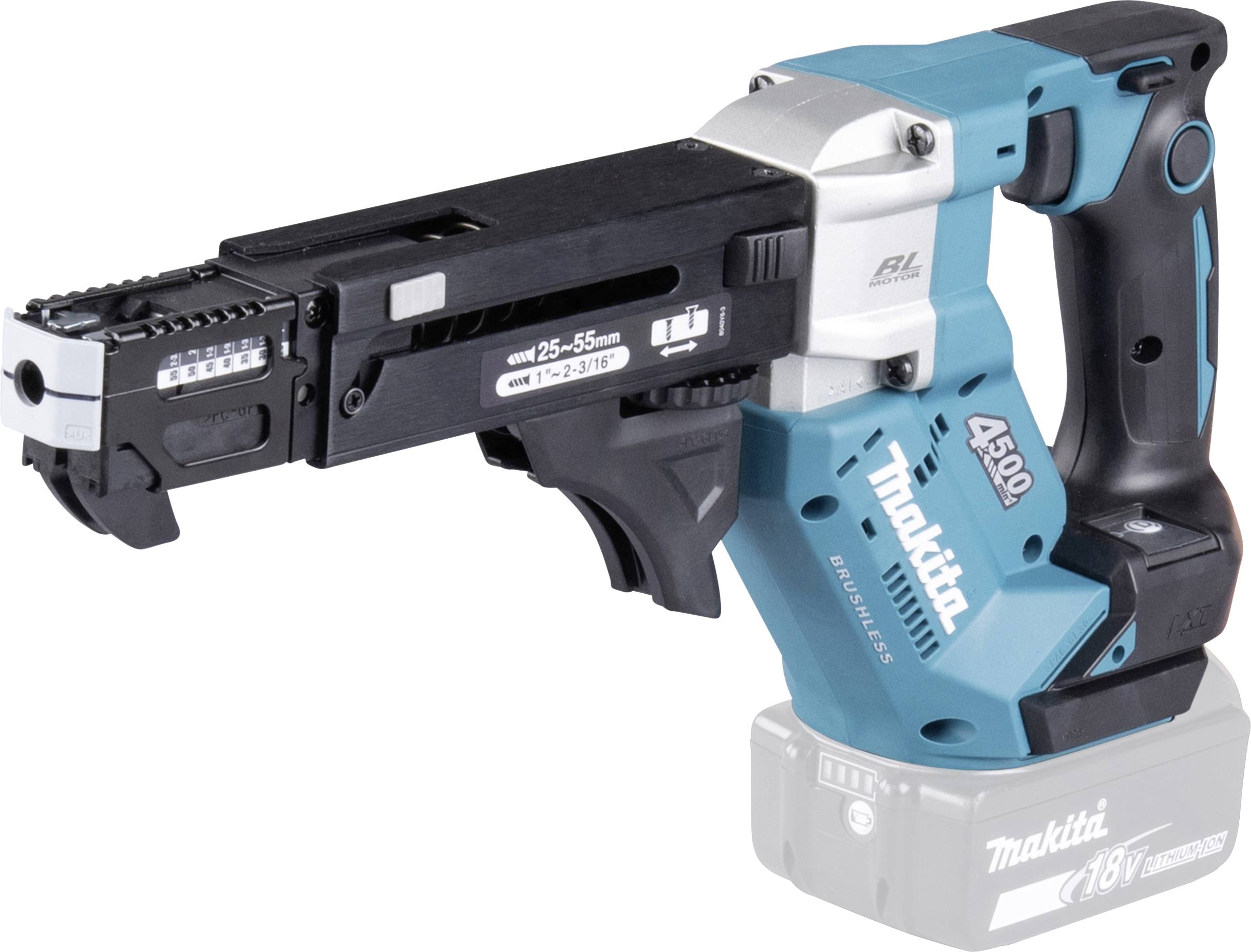 Makita Akku-Hefter mit erweitertem schwarzem Magazin, shown on a white background.