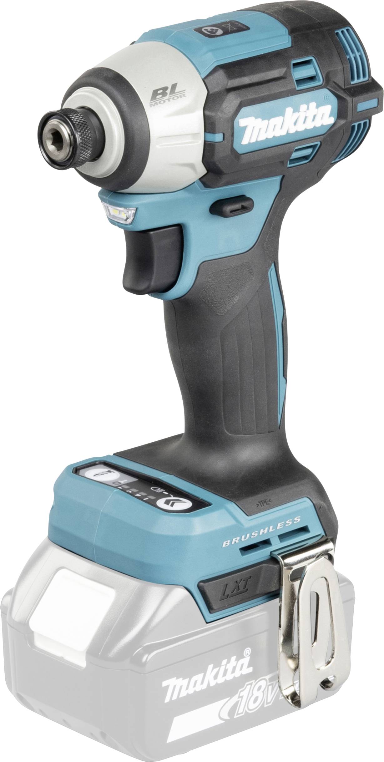 Makita kabelloses Schlagschrauber-Set mit 18V Akku, gezeigt auf weißem Hintergrund.