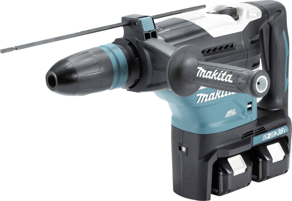 Makita-Akku-Bohrhammer mit Seitengriff und Akku-Pack auf weißem Hintergrund.