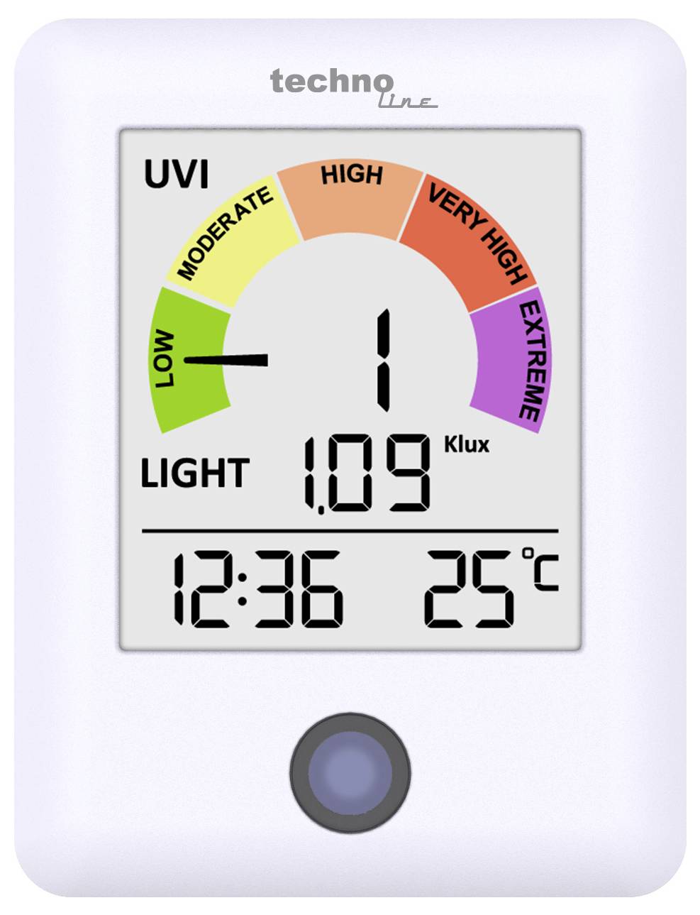 Digitales UV- und Lichtstärkemessgerät zeigt UV-Index 1 im niedrigen Bereich, Lichtstärke 1,09 klux, Zeit 12:36 und Temperatur 25°C.