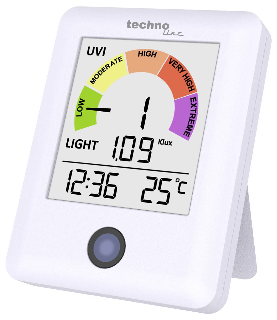 Digitale UV-/Lichtstärkeanzeige zeigt UV-Index 1 im niedrigen Bereich, Lichtstärke 109 klux, Zeit 12:36 und Temperatur 25°C an.