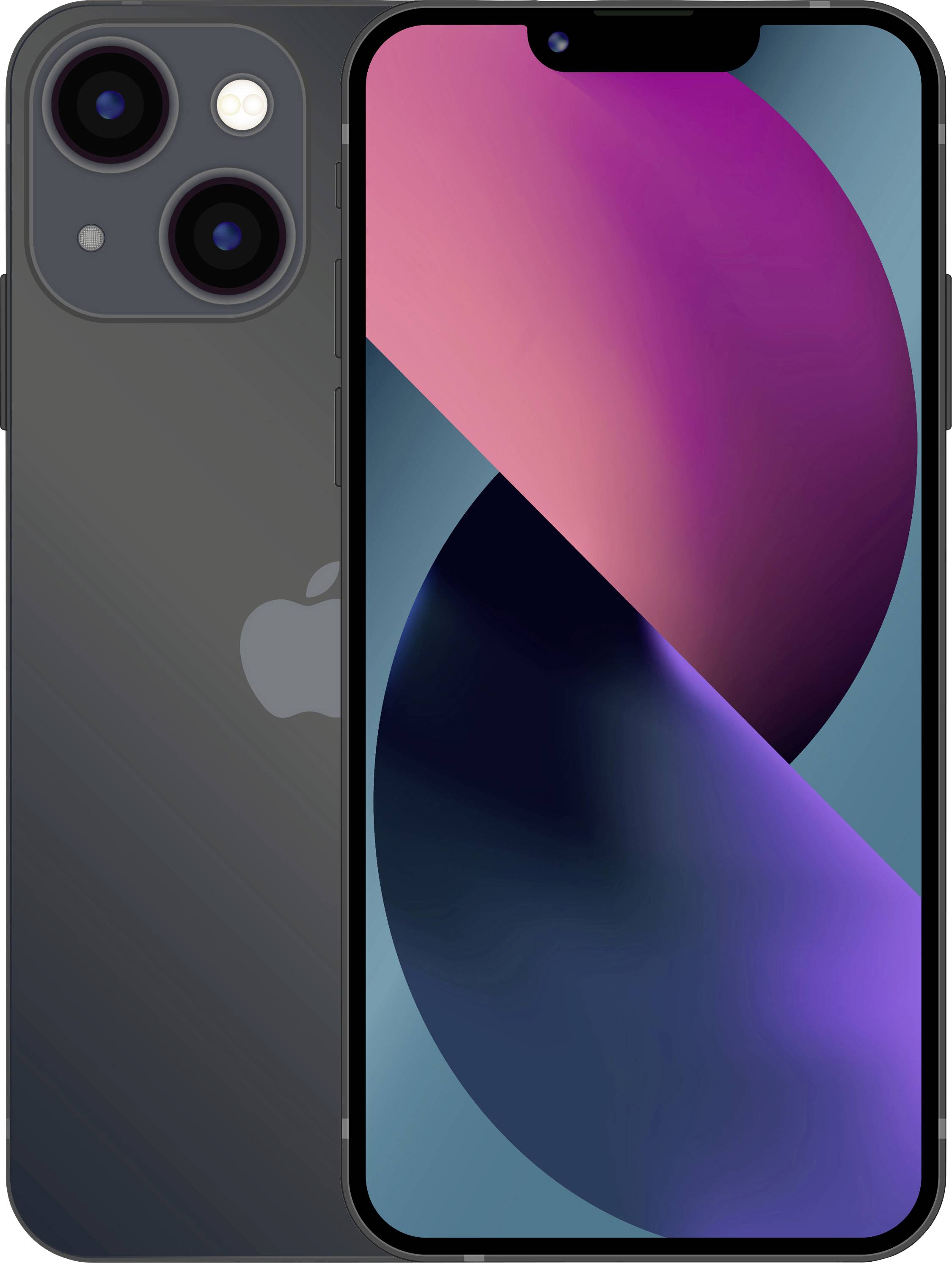 Dunkelgraues iPhone, von vorne und hinten gezeigt, mit dreifacher Rückfahrtkamera und buntem abstraktem Hintergrundbild auf dem Bildschirm.
