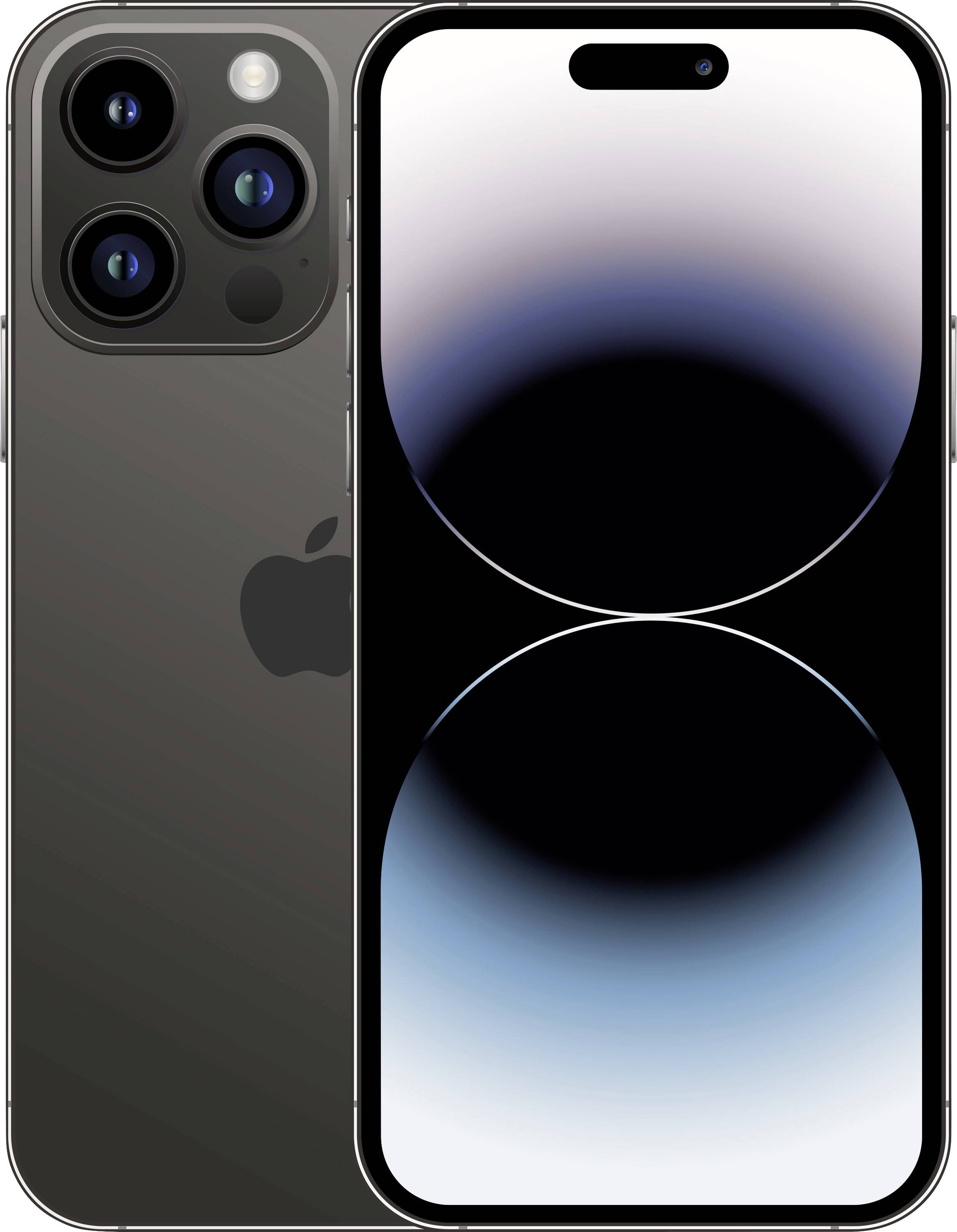 Vorder- und Rückansicht eines schwarzen iPhones mit dreifacher Kameralinsenkonfiguration, wobei der Bildschirm und das Apple-Logo auf der Rückseite sichtbar sind.