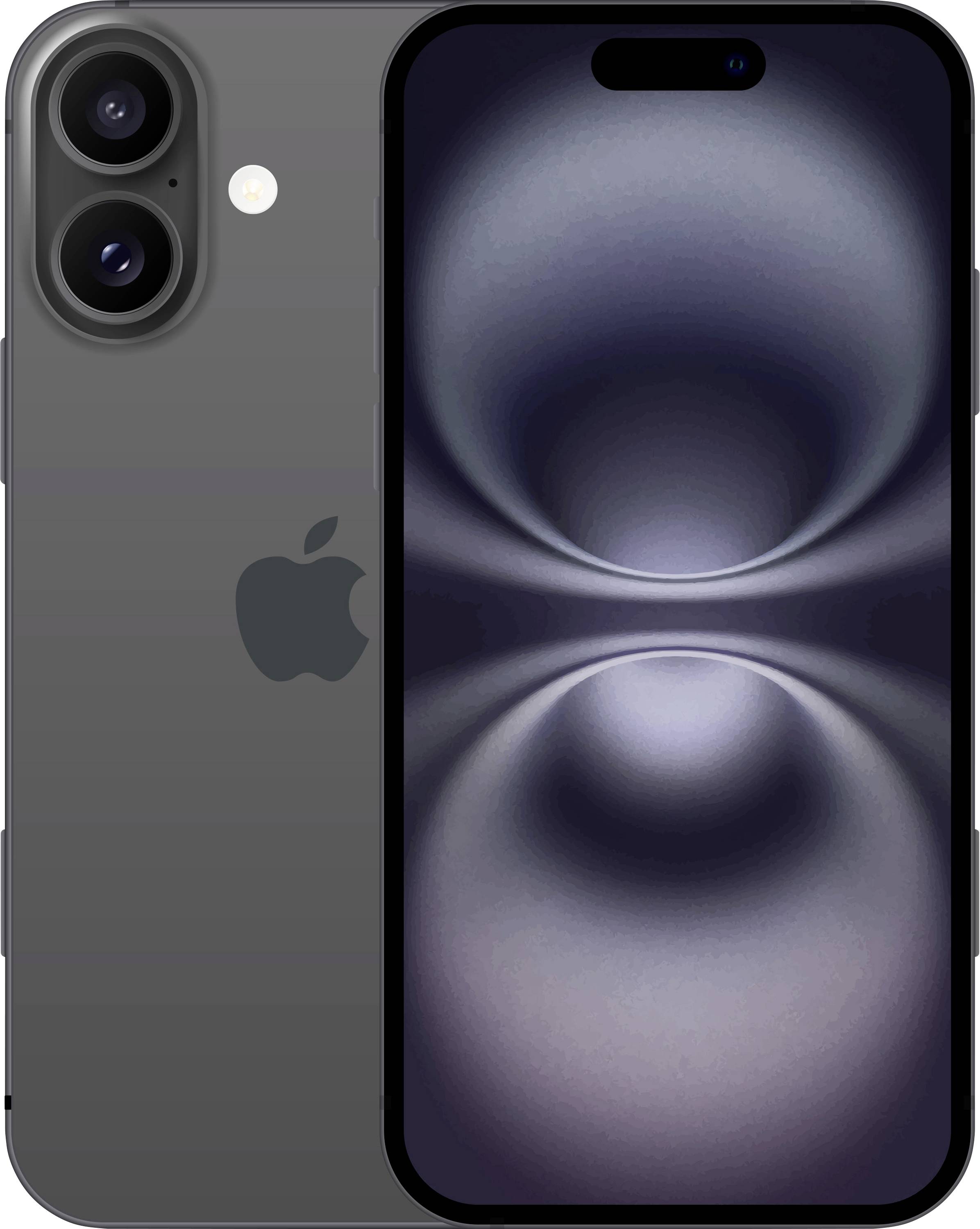 Vorder- und Rückansicht eines dunkelgrauen iPhones mit dualen Rückkameras und einer zentrierten pillenförmigen Frontkamera-Ausschnitt.