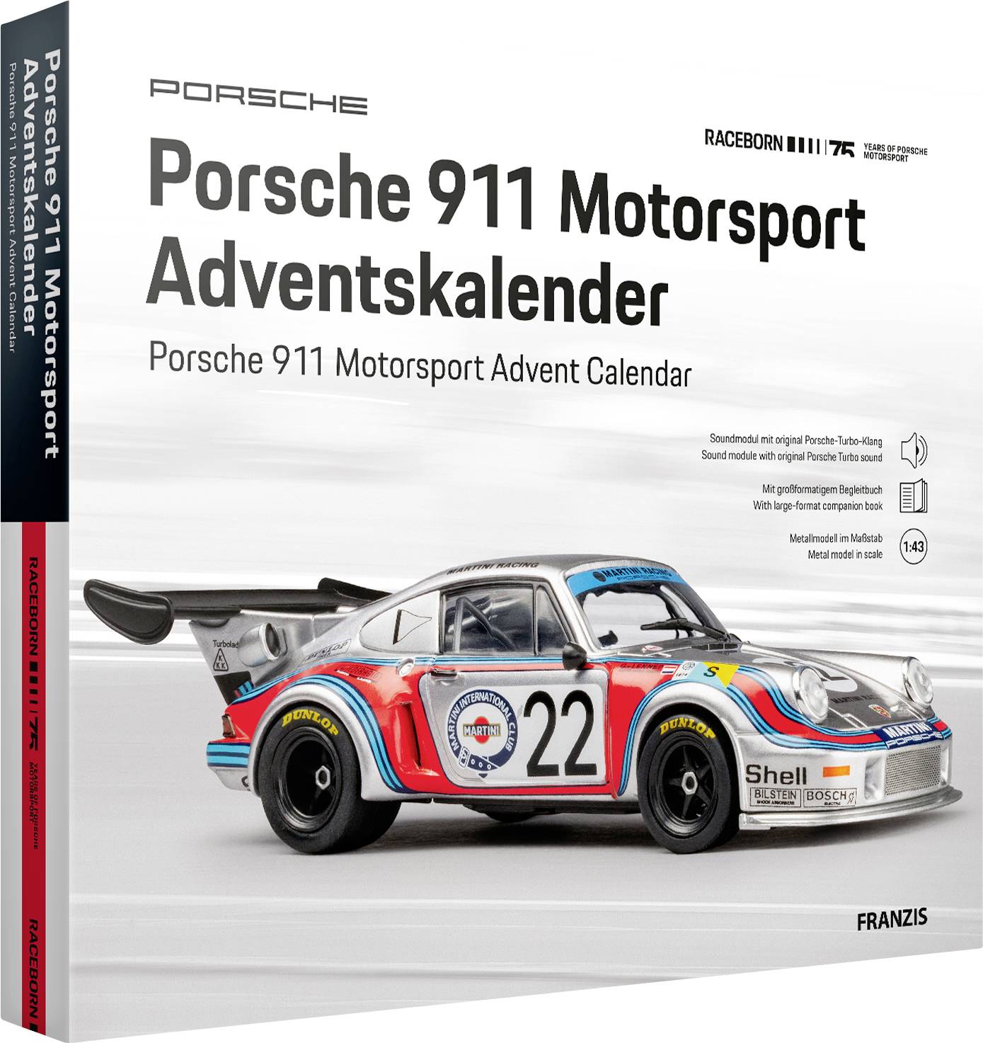Porsche 911 Motorsport Adventskalender Produktbox mit einer Porsche 911 Rennwagen-Illustration, der Nummer 22 und FRANZIS-Branding.