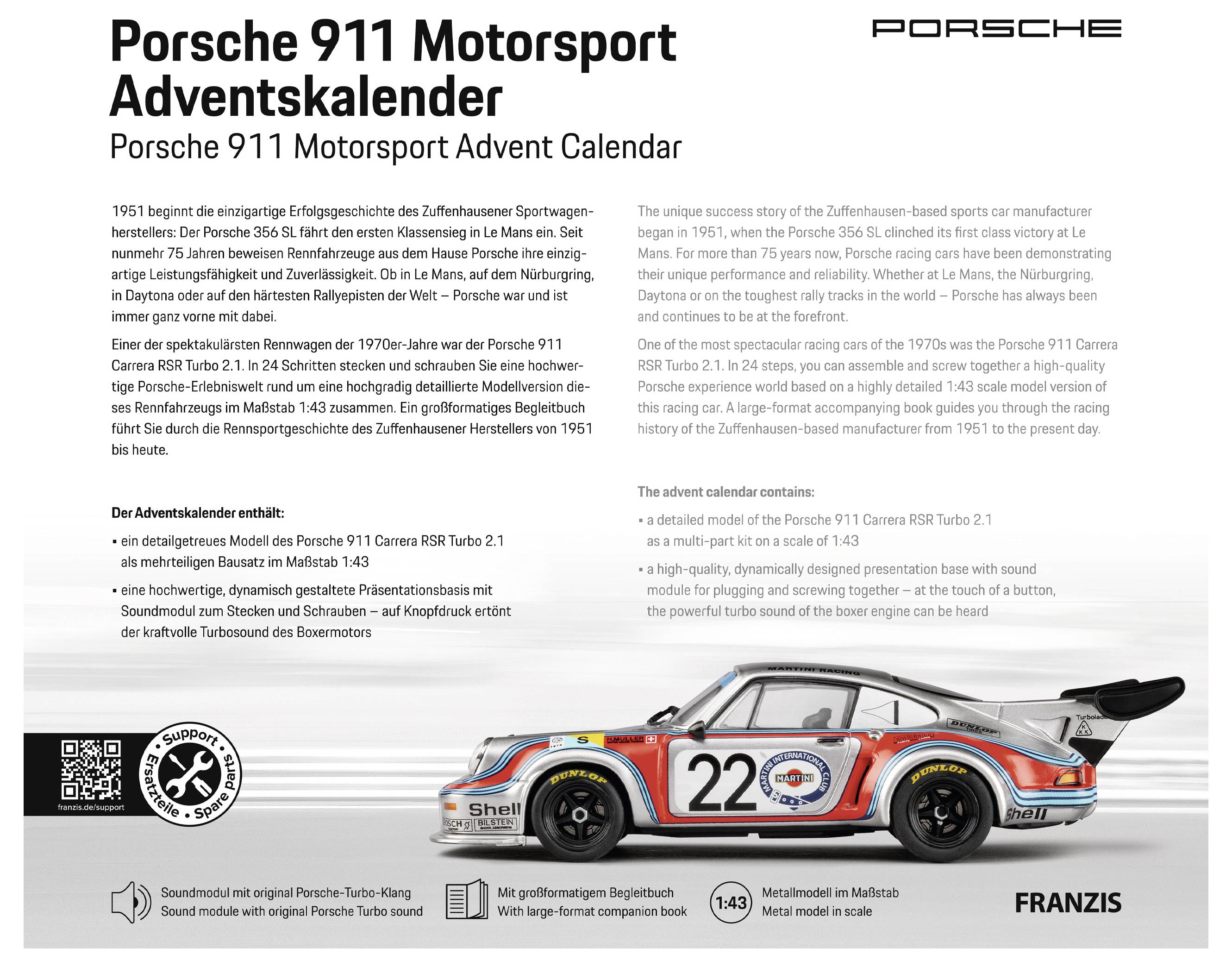 Porsche 911 Motorsport Adventskalender Poster mit deutscher und englischer Beschreibung, zeigt einen klassischen Racing-Porsche 911 mit der Nummer 22 und Produktdetails darunter.