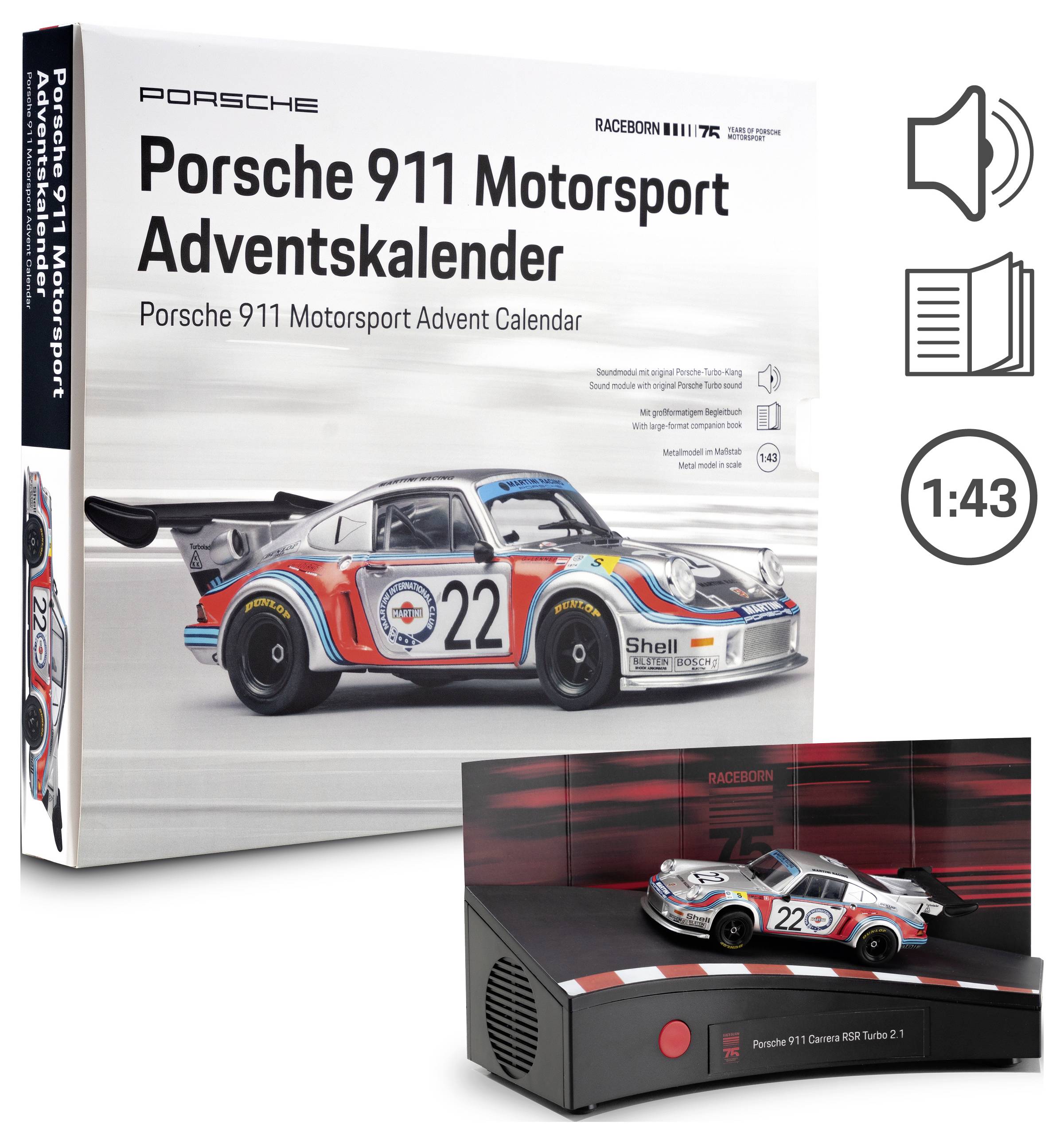 Porsche 911 Motorsport Adventskalender Set Box und Anzeigebasis mit einem nummerierten Rennwagen Modell, gekennzeichnet als „Porsche 911 Motorsport Adventskalender