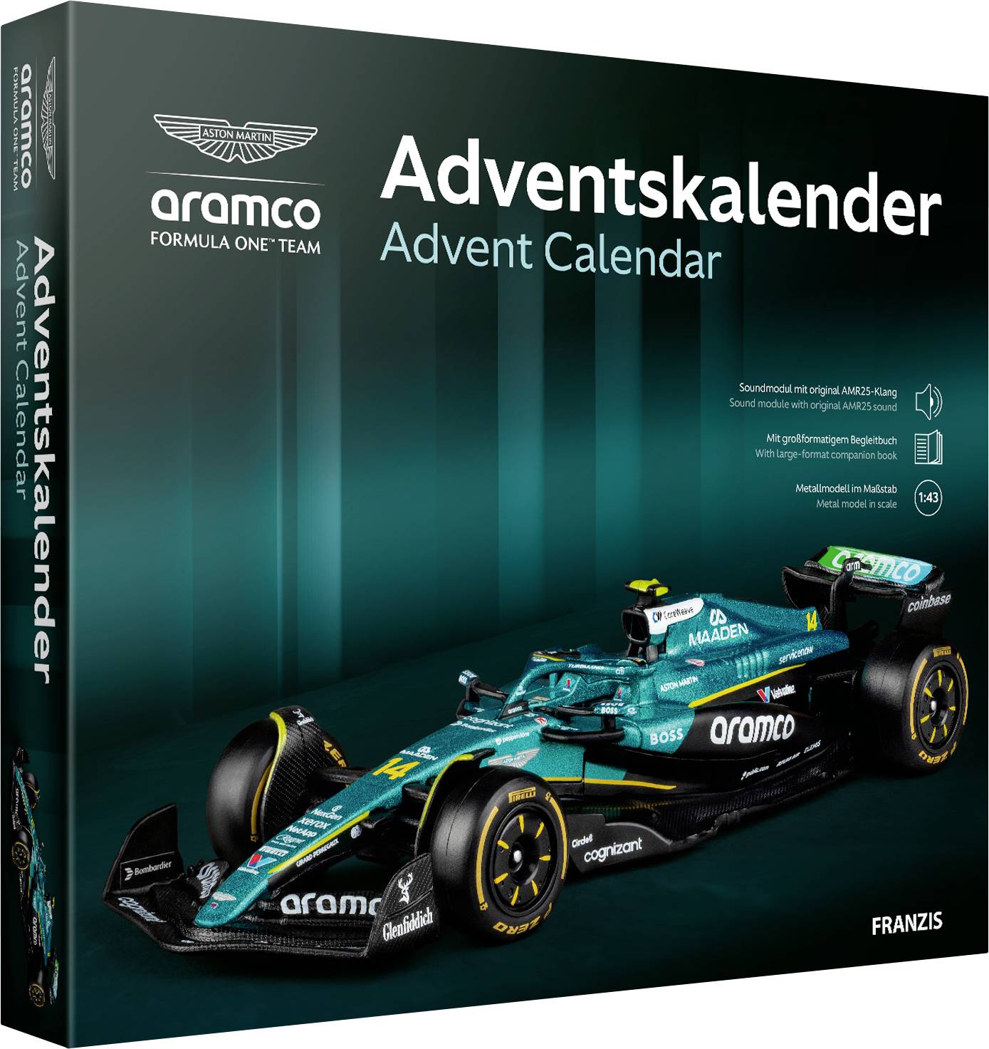Aramco Formula-One-Team Adventskalender – Adventskalenderbox mit einem türkisen Aston-Martin-Rennwagen; Franzis-Branding.